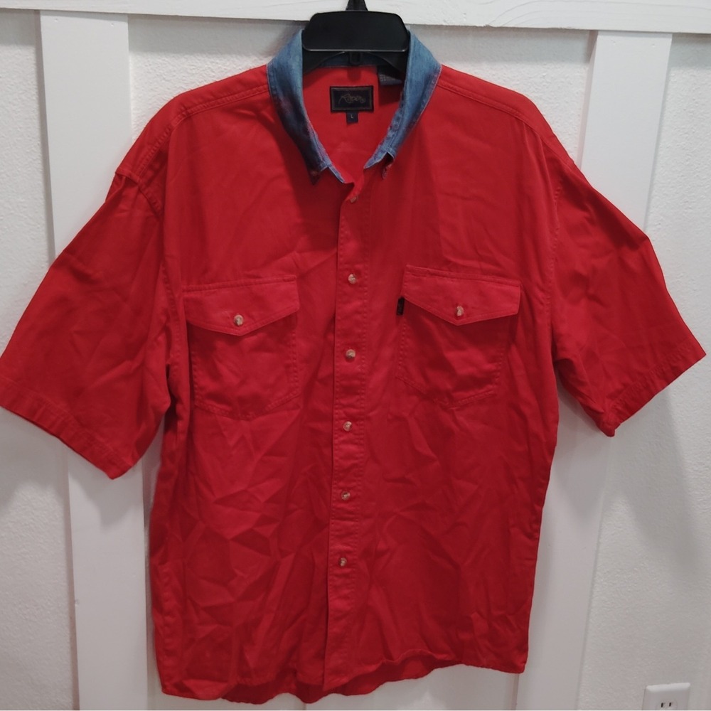 Roper Men's L Cotton Woven Solid Red/Blue Button-Up SS Shirt Pockets